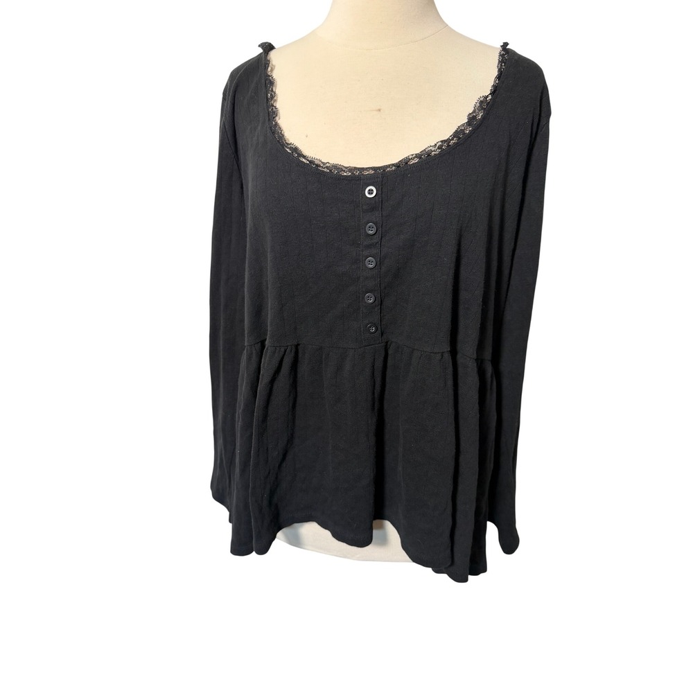 Torrid Women Black Cotton Ribbed Lace Trim Henley Babydoll Top Size 2 Plus 2X